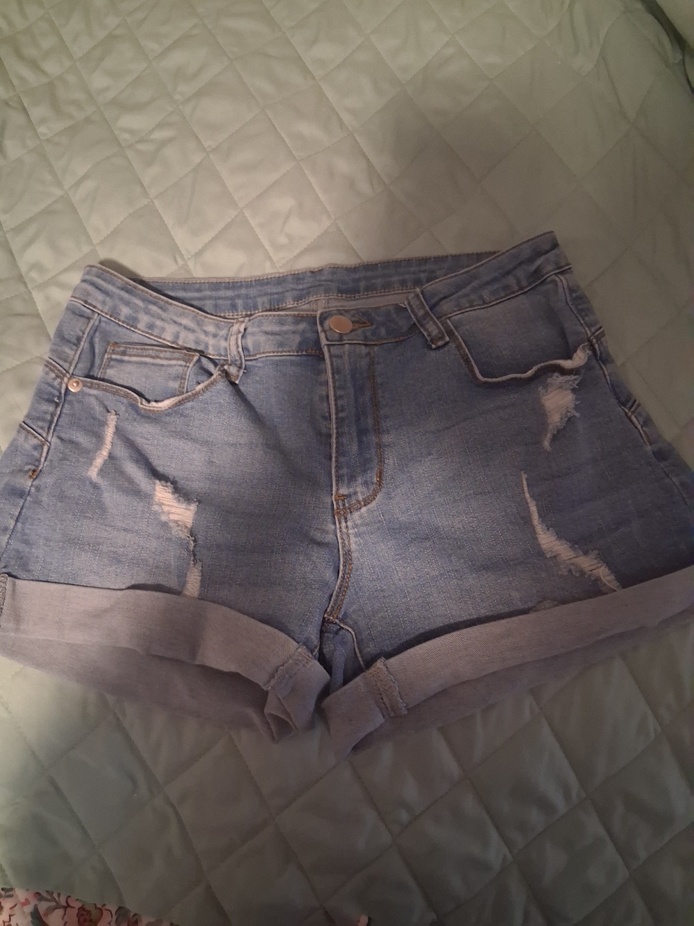 Light Blue Distressed Denim Shorts - Women